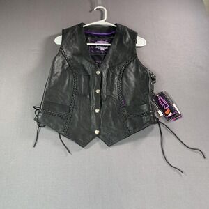 NEW Interstate Leather Vest Womens Large Black Side Lace Biker Moto I1380L